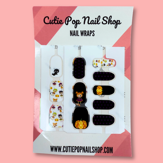 Voodoo Boo Halloween nail wraps with voodoo dolls, pumpkins, and polka dots