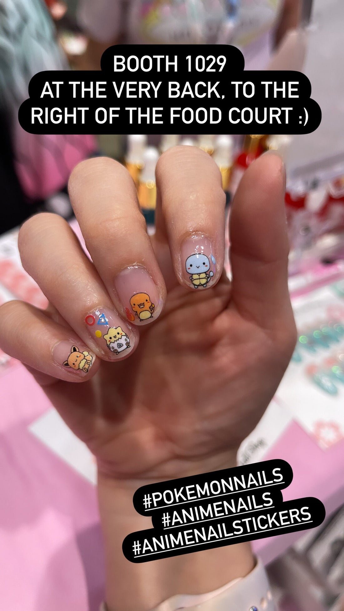 Elements nail stickers by Cutie Pop Nail Shop featuring ultra thin 2D designs inspired by Pokémon, including electric-type characters, leafy forests, trees, butterflies, and elemental creatures in a playful, nature-themed style arranged on a pink edged display card labeled "Easy Peel & Apply Nail Stickers."