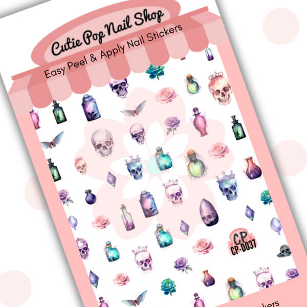 Skulls and Potions nail stickers by Cutie Pop Nail Shop featuring a spooky cute mix of skulls, potion bottles, roses, crystals, and bats in pastel and jewel tones arranged on a pink edged display card labeled "Easy Peel & Apply Nail Stickers.