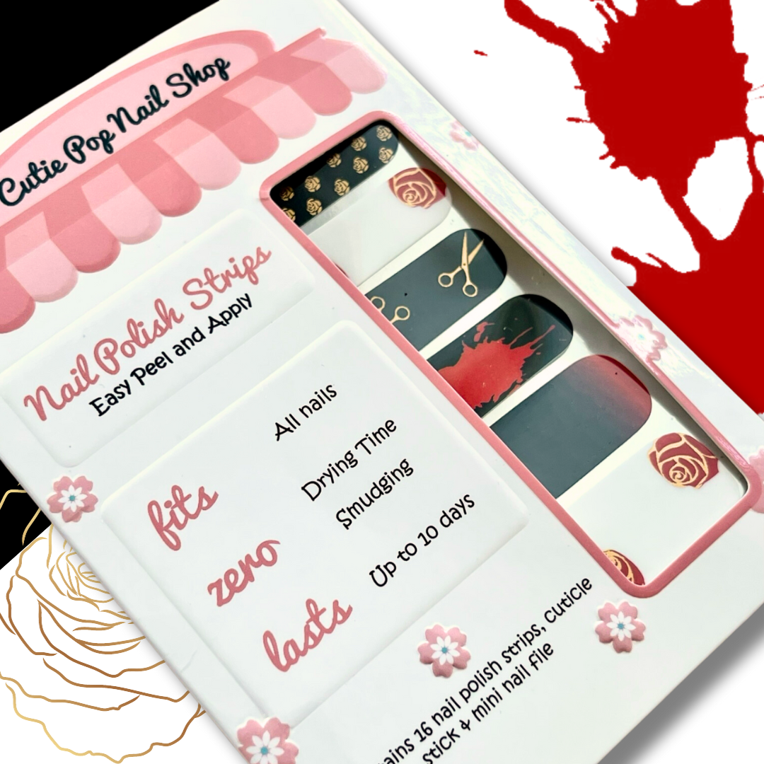 Assassin nail strips by Cutie Pop Nail Shop featuring sleek black and dark gray designs with sharp geometric patterns and subtle edgy accents, blending kawaii charm with mysterious, stealthy vibes for a stylish and bold anime-inspired manicure.