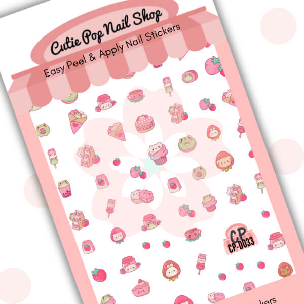 Strawberry Cat nail stickers by Cutie Pop Nail Shop featuring a sweet blend of strawberry motifs, cute cat faces, hearts, and pastel accents arranged on a pink edged display card labeled "Easy Peel & Apply Nail Stickers."