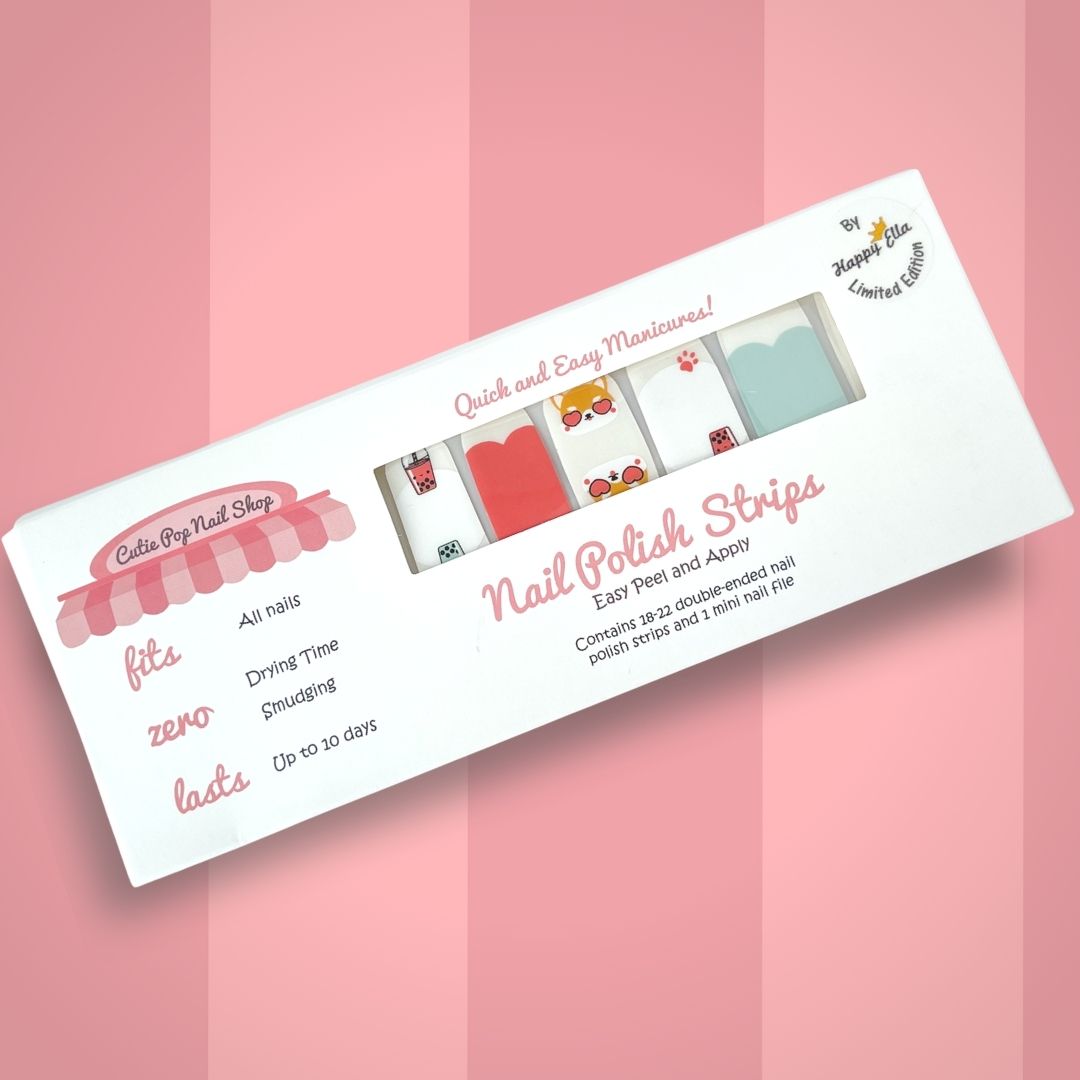 Shiba Inu nail polish strips and boba tea nail wraps
