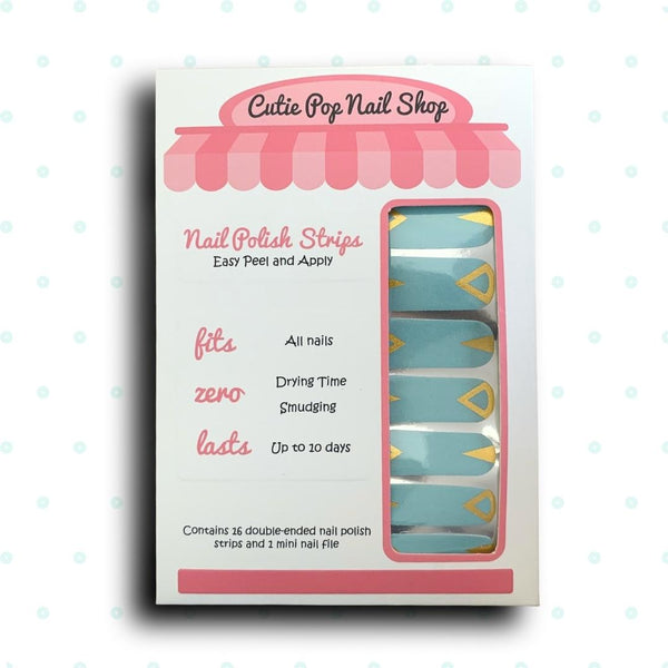 Gold Foil Patterns over Minty Light Blue Nail Polish Wraps - Cutie Pop Nail Shop