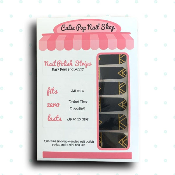 Glitter Gold Lineart over Black Base Nail Polish Wraps - Cutie Pop Nail Shop
