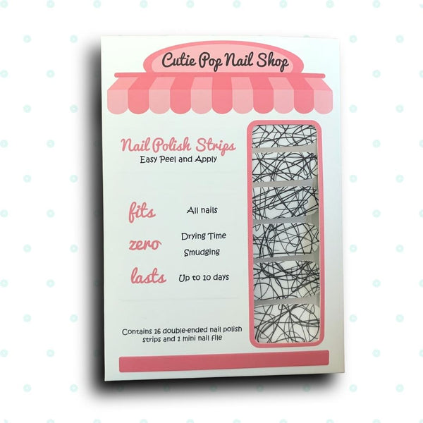 White with Black Scribble Effect Nail Polish Wraps - Cutie Pop Nail Shop