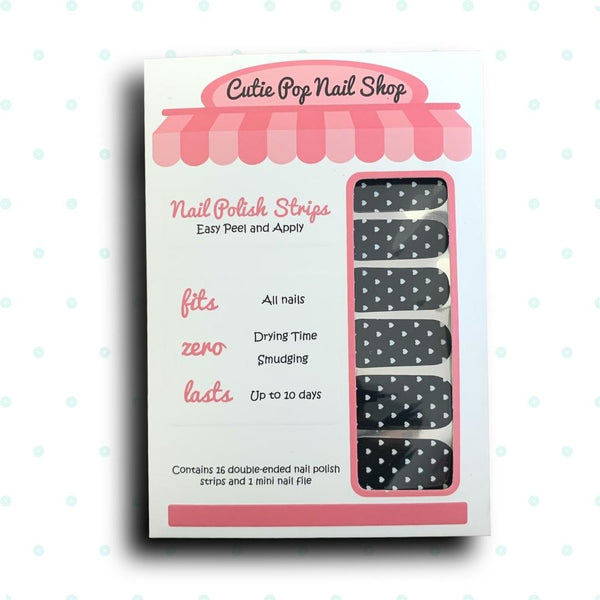 Mini White Hearts over Black Base Nail Polish Wraps - Cutie Pop Nail Shop