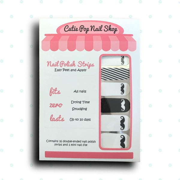 Black and White Mustache Design Nail Polish Wraps - Cutie Pop Nail Shop