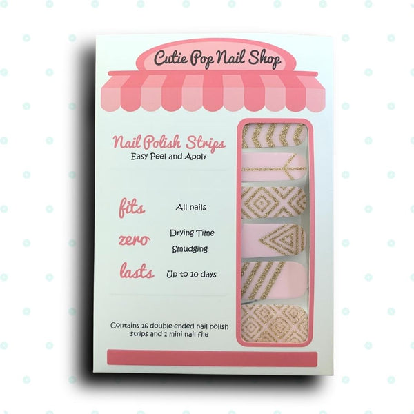 Glitter Gold Patterns over Soft Pink Base Nail Polish Wraps - Cutie Pop Nail Shop