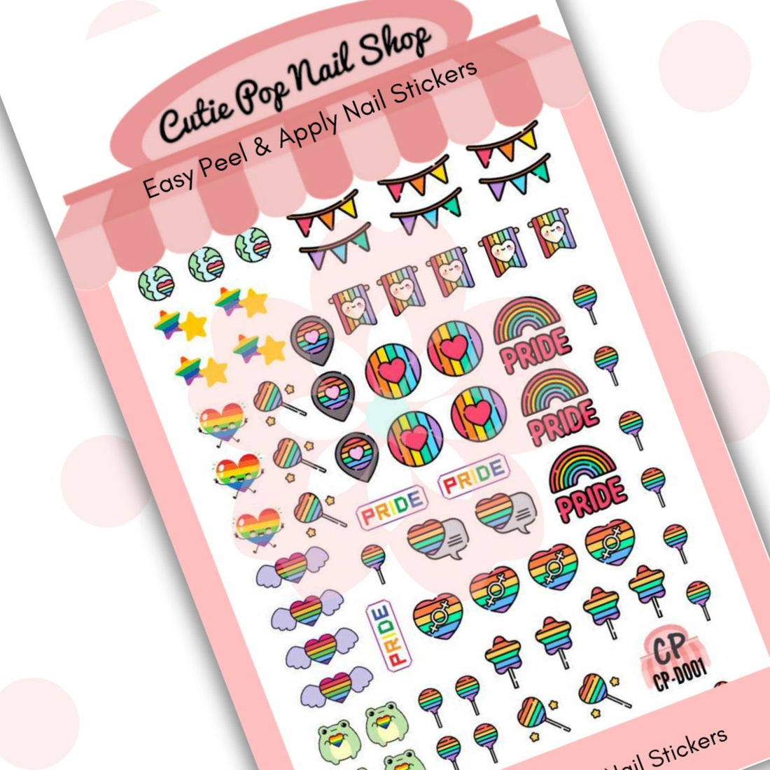 Rainbow Pride nail stickers by Cutie Pop Nail Shop featuring ultra thin 2D designs celebrating the LGBTQ+ community, including rainbows, stars, planets, flags, bunting, and a cute froggy holding a rainbow heart arranged on a pink edged display card labeled "Easy Peel & Apply Nail Stickers."