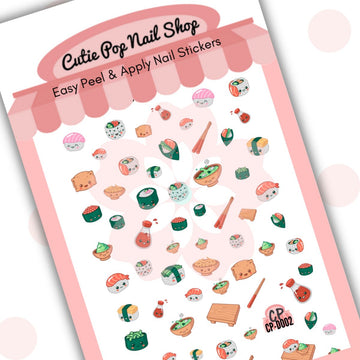 Sushi nail stickers by Cutie Pop Nail Shop featuring ultra thin 2D designs of smiley sushi rolls, tofu, bowls, wooden boards, chopsticks, wasabi, and soy sauce in a playful kawaii style arranged on a pink edged display card labeled "Easy Peel & Apply Nail Stickers."