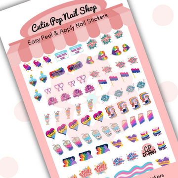Equal Rights nail stickers by Cutie Pop Nail Shop featuring ultra thin colorful 2D designs that celebrate Pride and Trans rights including rainbow colored lips, “Bi Represent!”, “Pan tastic,” and Trans flag decals arranged on a pink edged display card labeled "Easy Peel & Apply Nail Stickers.