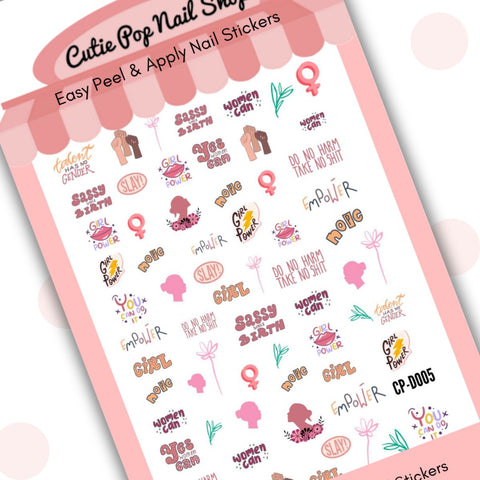 Cutie Pop Nail Shop’s Strong Girl nail decals. Designs include pink silhouettes of women, three differently-colored fists held up together in a show of solidarity, the female sex symbol, pink spring flower and green plant drawings, and a range of messages promoting female empowerment such as ‘Yes, Women Can’, ‘Empower’, ‘Girl Power’, ‘Girl’, ‘Do No Harm, Take No Sh*t’, ‘Women Can’, ‘Nope’, ‘Slay!’, and ‘Girl Power’.