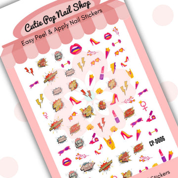 She Can! nail stickers by Cutie Pop Nail Shop featuring ultra thin 2D designs in bold pink, red, yellow, and purple tones, including lips, nail polish, stilettos, flowers, fist pumps, stars, lightning bolts, and empowering messages arranged on a pink edged display card labeled "Easy Peel & Apply Nail Stickers."