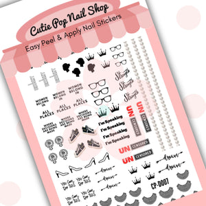 Cutie Pop Nail Shop’s Trailblazers nail decals. Features black-and-white designs including glasses, Converse-style shoes, stilettos, the silhouette of women’s heads, crowns, Pearl necklace, and a range of messages including ‘You Can Do This’, ‘Dream’, ‘I’m Speaking’, Strength, ‘UNCensored’, ‘I Dissent’, and the famous Ruth Bader Ginsburg quote, ‘Women Belong In All Places Where Decisions are Being Made’.