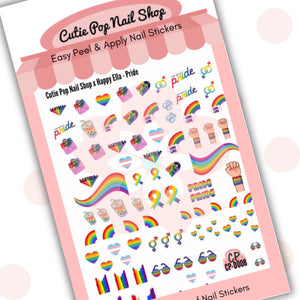 Cutie Pop Nail Shop’s Pride nail decals. Designs include rainbows, rainbow ribbons, the word ‘Pride’ in rainbow colors, a Trans-colored heart, an envelope with a rainbow-colored messages poking out with the words ‘Not a Phase’, a rainbow-colored vinyl record sleeve with the words ‘Gay AF’ written on its side, a fist with a rainbow-colored band on its wrist, rainbow-colored drinks, glasses, hearts, and a rainbow-colored flag.