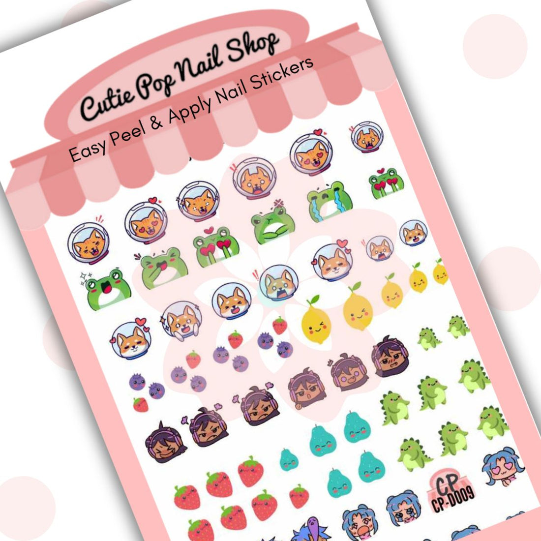 Froggie nail stickers by Cutie Pop Nail Shop featuring hand-drawn frogs, strawberries, crocodiles, cats, and lemons in a playful pastel style arranged on a pink edged display card labeled "Easy Peel & Apply Nail Stickers
