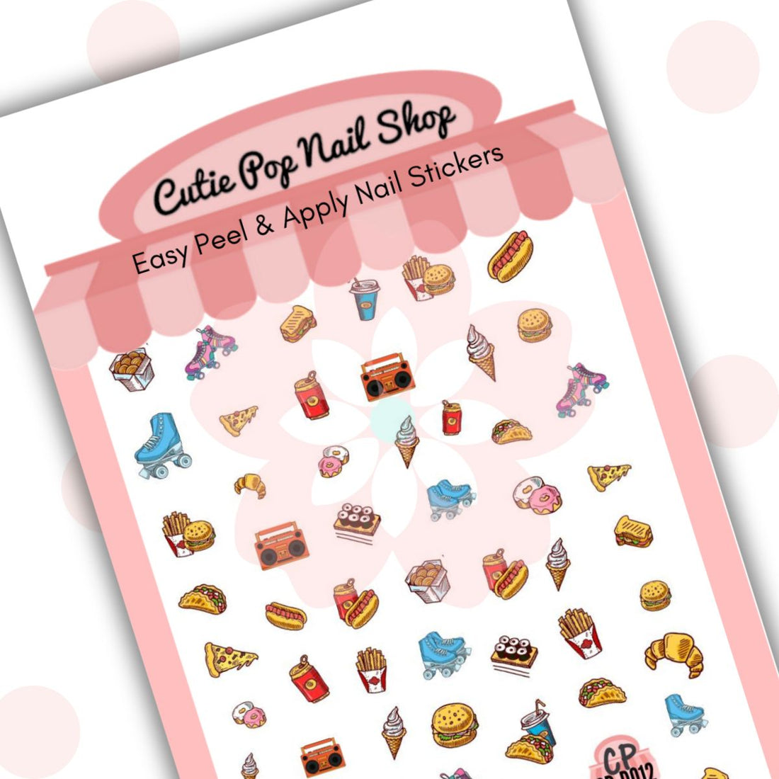 Diner nail stickers by Cutie Pop Nail Shop featuring ultra thin 2D designs of classic diner foods including burgers, fries, pizza, tacos, hotdogs, croissants, donuts, and more arranged on a pink edged display card labeled "Easy Peel & Apply Nail Stickers."