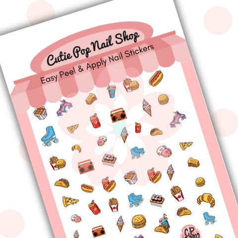 This image showcases Cutie Pop Nail Shop’s Diner nail decals against a white background with a Cutie Pop Nail Shop logo and watermark. Nail decal designs include churros, sandwiches, roller skates, soda drinks, burgers with fries, hotdogs, croissants, pizza slices, burgers, ice creams, radios, and sushi.