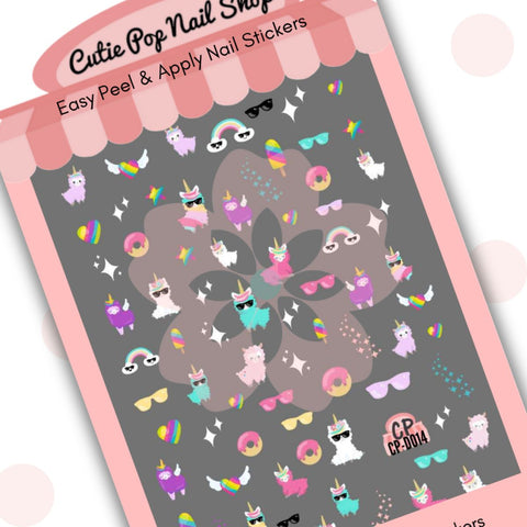 Cutie Pop Nail Shop’s Llamacorn nail decals. Nail sticker designs include a purple-colored llamacorn (half unicorn, half llama), a pink llama, a lilac llamacorn, a green llamacorn with sunglasses, a white llamacorn with sunglasses, a multicolored llamacorn with sunglasses, a rainbow heart, a rainbow lollipop, a rainbow heart with wings, sparkles, a donut with pink glazing, pink and yellow sunglasses, a rainbow whose ends are smiling clouds with dark sunglasses, blue sparkles, and a rainbow star.