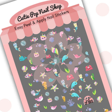 Narwals & Caticorns nail stickers by Cutie Pop Nail Shop featuring whimsical hand-drawn narwhals and caticorns with stars, rainbows, hearts, and magical elements in soft pastel colors arranged on a pink edged display card labeled "Easy Peel & Apply Nail Stickers.