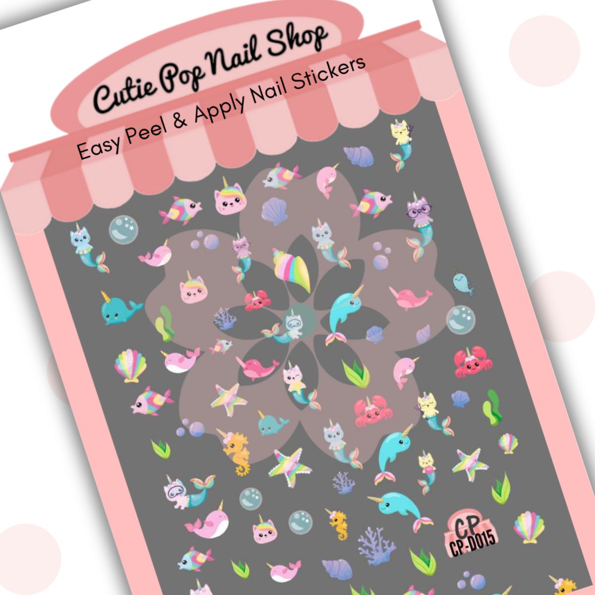Cutie Pop Nail Shop’s Narwhals & Caticorns nail decals. Design includes seahorses with a unicorn horn, a cat mermaid with a unicorn horn (caticorn), a pink narwhal with a unicorn horn, a blue narwhal with a unicorn horn, an air bubble, a red crab, seaweed, clue coral, a green sea plant, a pink cat head with rainbow-colored hair and a unicorn horn, a multicolored fish, and a range of multicolored shells.