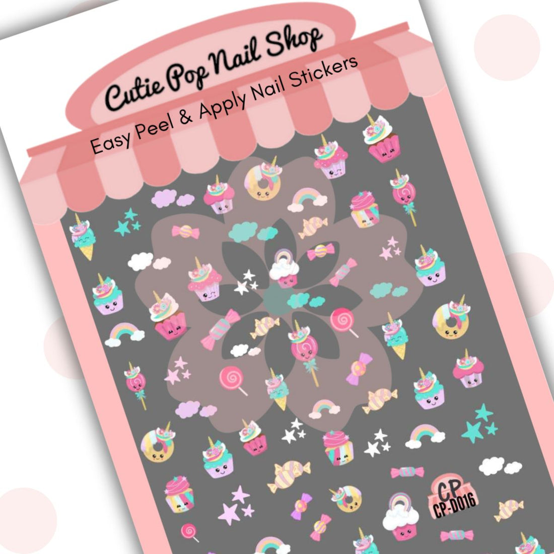 Sweets Party nail stickers by Cutie Pop Nail Shop featuring ultra thin 2D designs of lollipops, cupcakes, ice cream, donuts, rainbows, stars, and clouds in a colorful candy-inspired style arranged on a pink edged display card labeled "Easy Peel & Apply Nail Stickers."