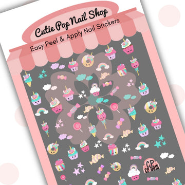 Sweets Party nail stickers by Cutie Pop Nail Shop featuring ultra thin 2D designs of lollipops, cupcakes, ice cream, donuts, rainbows, stars, and clouds in a colorful candy-inspired style arranged on a pink edged display card labeled "Easy Peel & Apply Nail Stickers."