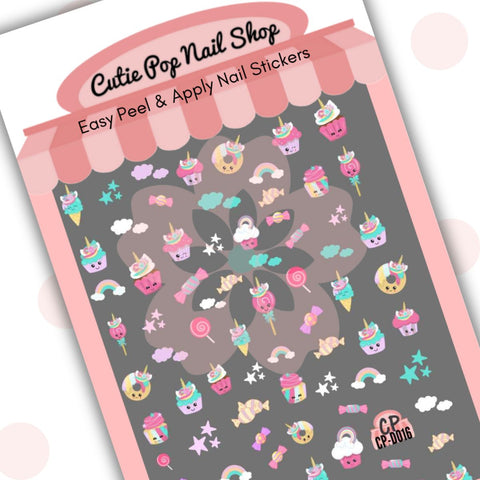 This image showcases Cutie Pop Nail Shop’s Sweet Party nail decals against a white background with a Cutie Pop Nail Shop logo and watermark. Nail decal designs include a blue ice cream cone, a pink cupcake, a lilac cupcake, a pink lollipop, pink-and green sweets, lilac and green sweets, lilac, white, and green stars and clouds, white-and-pink cupcakes, a multicolor, striped cupcake, and a yellow donut with multicolor glazing.