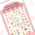 Elements nail stickers by Cutie Pop Nail Shop featuring ultra thin 2D designs inspired by Pokémon, including electric-type characters, leafy forests, trees, butterflies, and elemental creatures in a playful, nature-themed style arranged on a pink edged display card labeled 