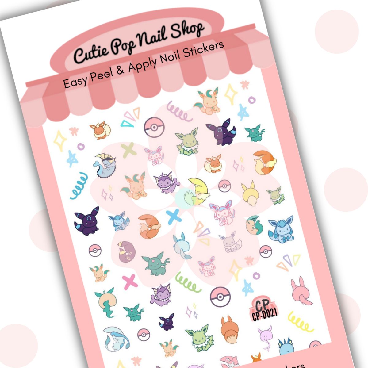 Cutie Pop Nail Shop’s Eevolution nail decals. The nail sticker designs includes pastel fanart of eevee pokemon in various evolving stages. Also included are a range of white-and-red balls, pink, blue, and green crosses, and yellow, purple, blue, and red miscellaneous shapes (stars, triangles, diamonds, circles, asterisks).