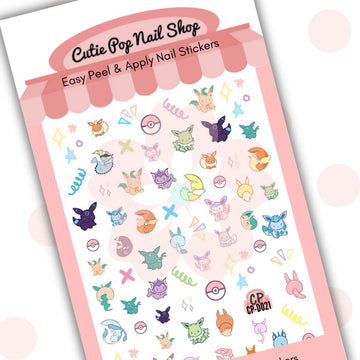 Pastel Eevolution nail stickers by Cutie Pop Nail Shop featuring hand-drawn chibi-style Pokémon designs of Eevee and its evolutions in soft pastel tones, including fire, water, and electric types arranged on a pink edged display card labeled "Easy Peel & Apply Nail Stickers."