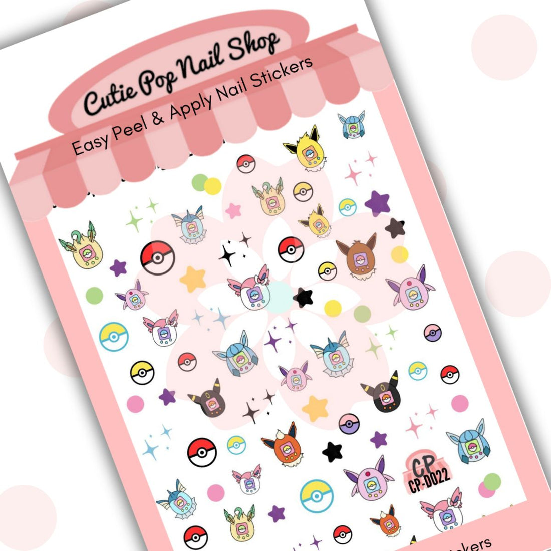 Digipet Eevolution nail stickers by Cutie Pop Nail Shop featuring chibi-style evolutions inspired by popular electric-type Pokémon and their elemental forms, including fire, water, grass, psychic, and ice types in bright pastel colors arranged on a pink edged display card labeled "Easy Peel & Apply Nail Stickers."