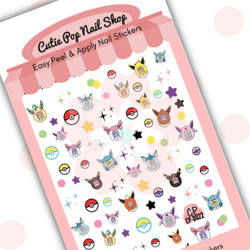 Digipet Eevolution nail stickers by Cutie Pop Nail Shop featuring chibi-style evolutions inspired by popular electric-type Pokémon and their elemental forms, including fire, water, grass, psychic, and ice types in bright pastel colors arranged on a pink edged display card labeled "Easy Peel & Apply Nail Stickers."