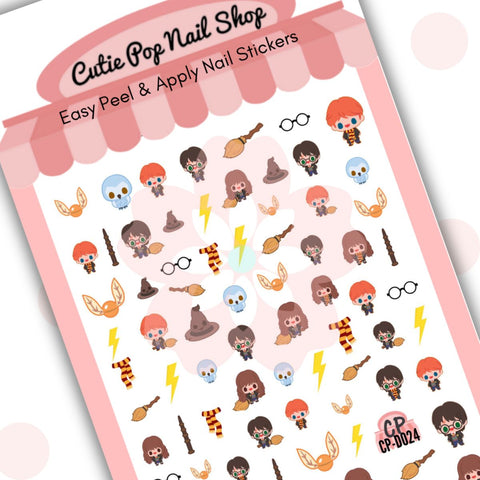 This image showcases Cutie Pop Nail Shop’s Wizards nail decals against a white background with a Cutie Pop Nail Shop logo and watermark. These chibi-style Wizards nail decal designs include a miniature brown-haired wizard wearing glasses with a scar on his forehead, a red-haired wizard with a broomstick, a long, brown-haired wizard with a broomstick, a white owl, a lightning bolt, a yellow-and-brown scarf, a conical brown hat with a menacing face, a wand, a golden trinket with wings, and glasses.