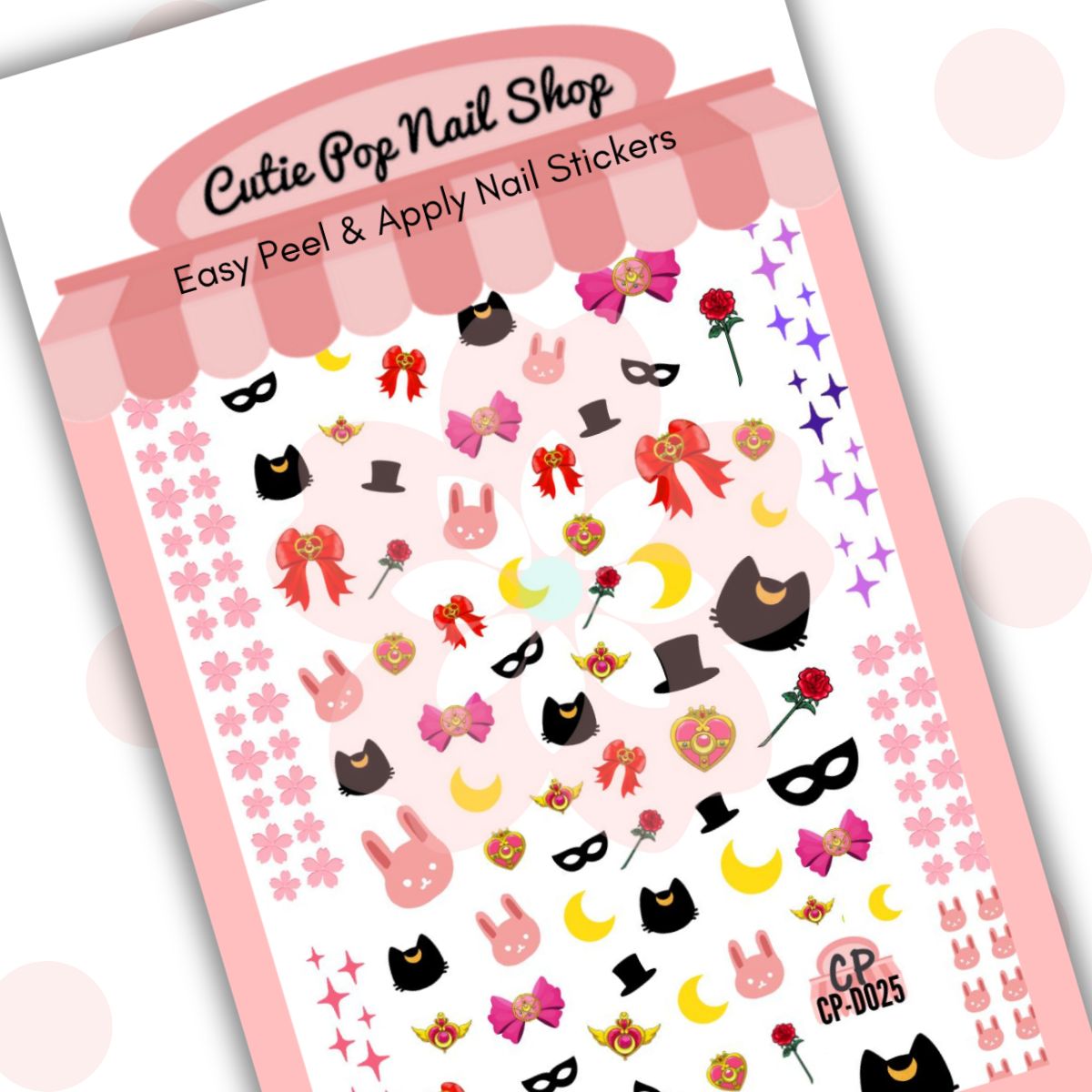 This image showcases Cutie Pop Nail Shop’s Luna nail decals against a white background with a Cutie Pop Nail Shop logo and watermark. These mystery-laden nail decal designs include a black mask, a top hat, a crescent moon, a red and pink bow, a pink-and-gold heart, a rose, a pink rabbit head, and a silhouetted black cat head with a crescent moon on its forehead.