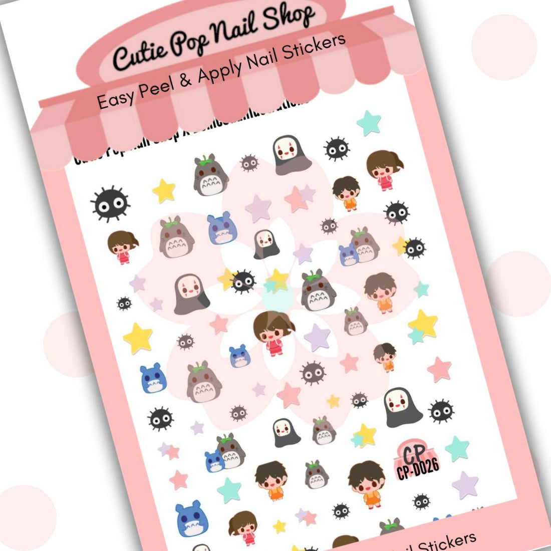 Friendly Neighbor nail stickers by Cutie Pop Nail Shop featuring ghost stars, a girl and boy duo, virus-like characters, and cute pet companions in a playful cartoon style arranged on a pink edged display card labeled "Easy Peel & Apply Nail Stickers."