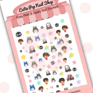 This image showcases Cutie Pop Nail Shop’s Ghibli nail decals against a white background with a Cutie Pop Nail Shop logo and watermark. These nail decal designs include a range of black and blue forest animals, a black-and-white ghost with red facial markings, a black tentacled creature with eyes, a range of stars in different colors, a chibi-style girl with brown hair and red attire, and a chibi-style boy with short black hair and yellow and orange attire.