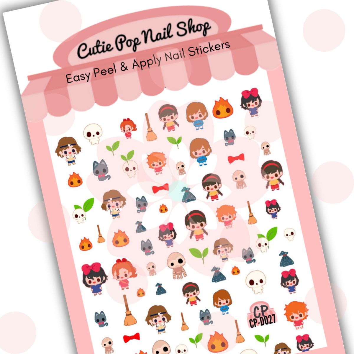 Cutie Pop Nail Shop’s Ghibli anime inspired nail decals. These kawaii anime chibi-style nail stickers include designs including miniature girls with brown and orange hair, short brown-haired boy figures with a variety of differently-colored attire, a grey cat with a red bowtie, flames with eyes, robots with long arms with misshapen eyes, white skeletons with misshapen eyes, green shoots, broomsticks, red ribbons, and grey adventure bags.