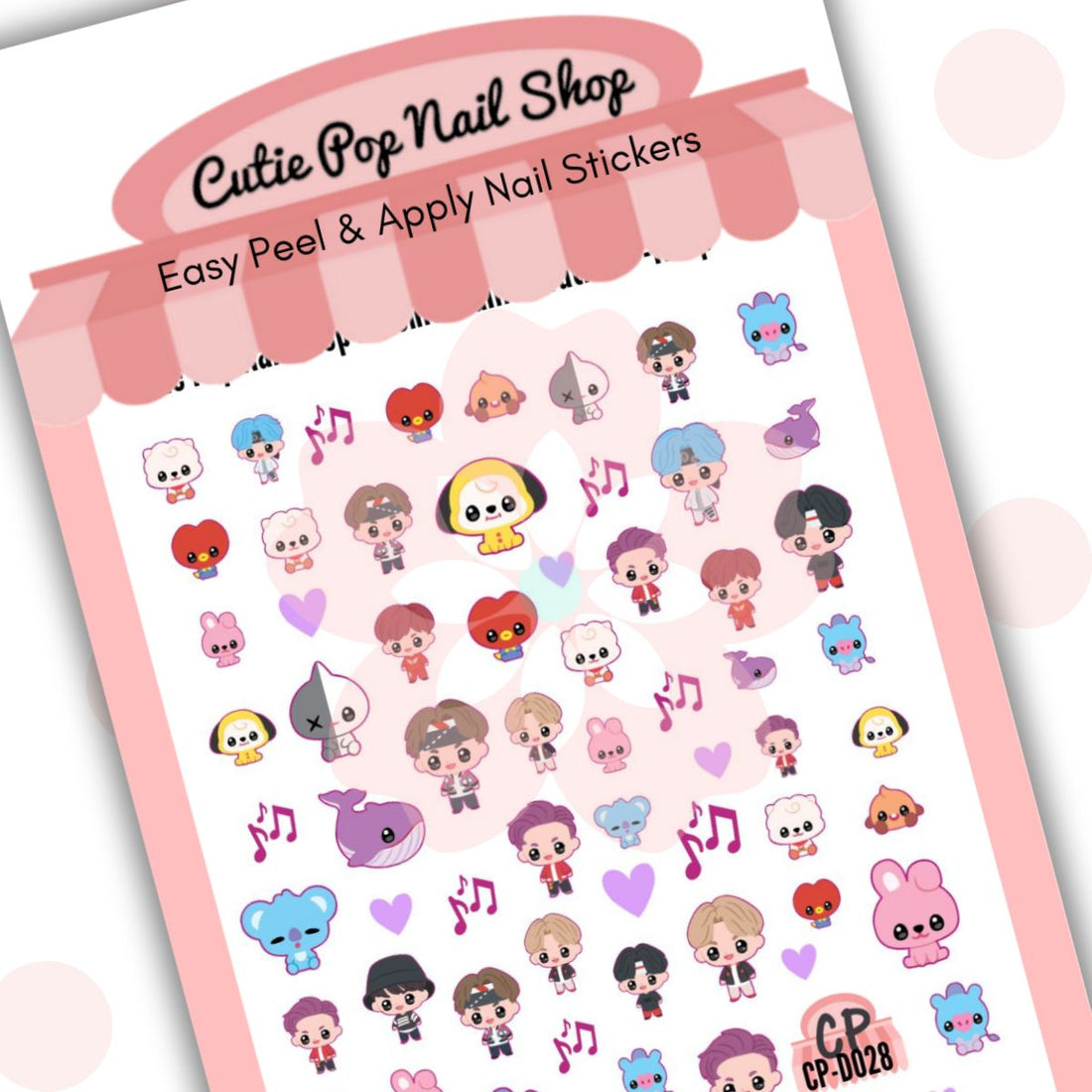BTS - Kpop nail stickers by Cutie Pop Nail Shop featuring BTS-inspired designs including logos, hearts, stars, music notes, and fan-themed icons in soft pastel and purple tones arranged on a pink edged display card labeled "Easy Peel & Apply Nail Stickers."