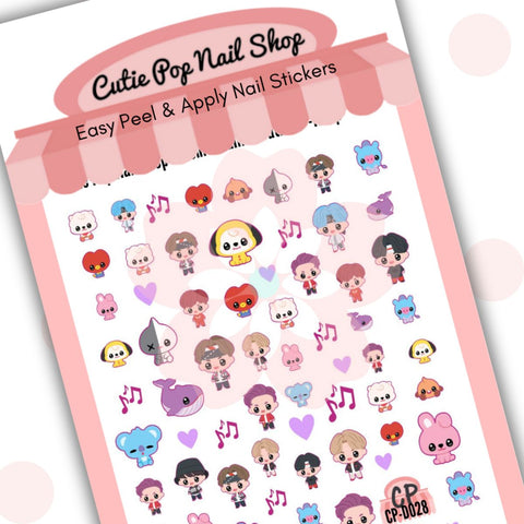 Cutie Pop Nail Shop’s K-Pop nail decals. These K-Pop-themed nail decal designs feature a range of chibi-style characters and their representational fictional animal counterparts. The characters are all male and have different haircuts, hair colors, and clothing; the representational characters similarly come in a range of different colors and designs, from black-and-white down the middle to blue all over. There are purple heart designs and musical note designs too.
