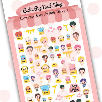 BTS Butter nail stickers by Cutie Pop Nail Shop featuring designs inspired by the BTS song "Butter" including melting butter icons, hearts, music notes, and playful yellow-themed elements arranged on a pink edged display card labeled "Easy Peel & Apply Nail Stickers."
