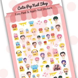 Cutie Pop Nail Shop’s BTS Butter nail decals. These nail decal designs feature chibi-style k-pop BTS characters with differently-colored and styled haircuts, as well as chibi-style cartoon animals of the K-pop artist. The representational characters are all cute animal forms. All these representational characters sit atop blocks of butter. There are also other examples of the butter motif - such as dripping butter - present across the designs, as well as pink hearts.