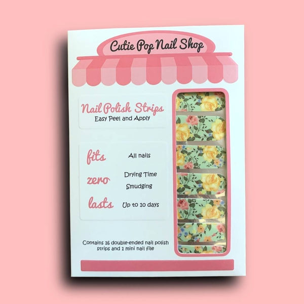 Red and Yellow Roses over Green Base Nail Polish Wraps - Cutie Pop Nail Shop