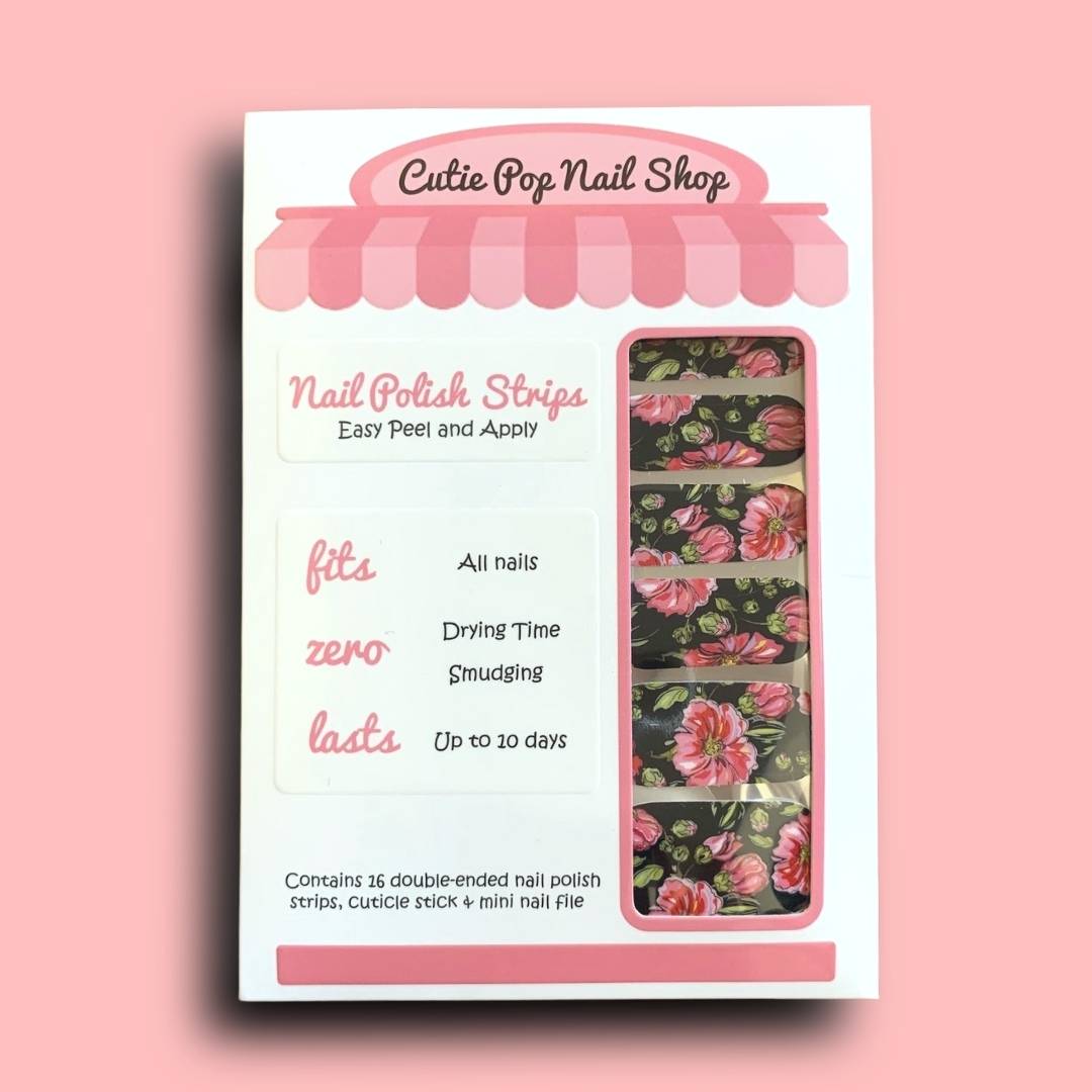  Red Flowers over Black Base Nail Polish Wraps - Cutie Pop Nail Shop