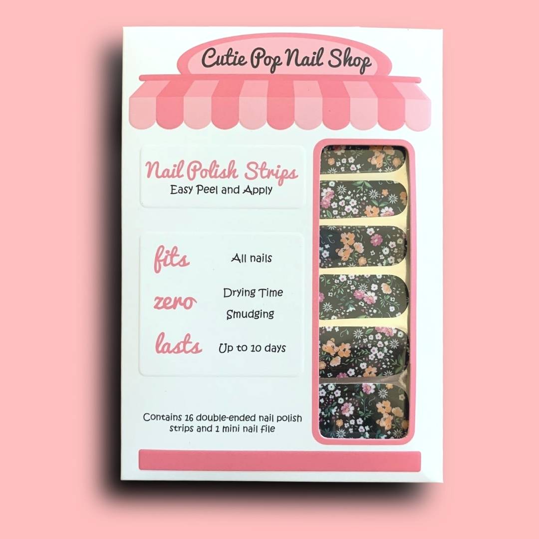 Mixed Flowers over Black Base Nail Polish Wraps - Cutie Pop Nail Shop