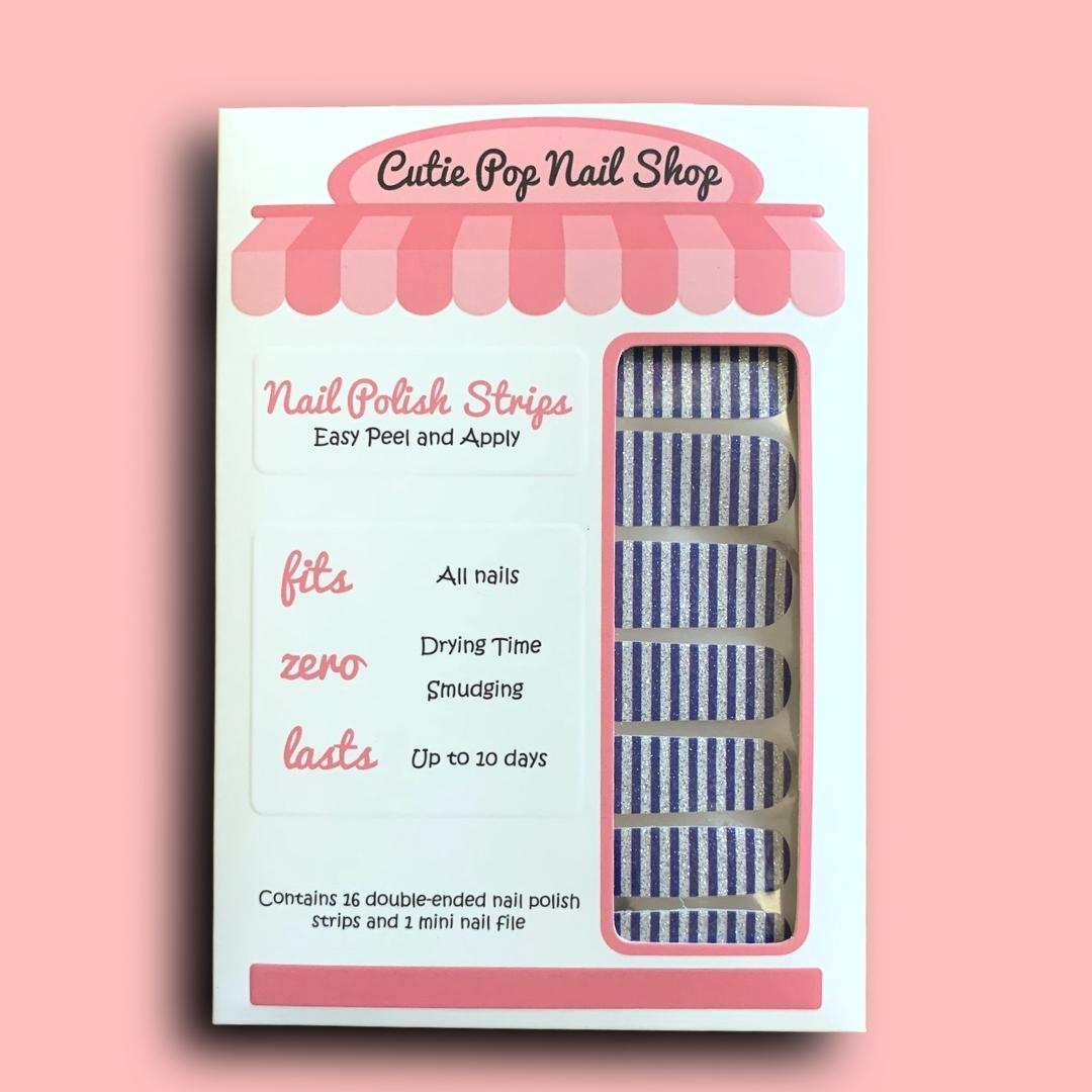 Glittery Blue Stripes Nail Polish Wraps - Cutie Pop Nail Shop