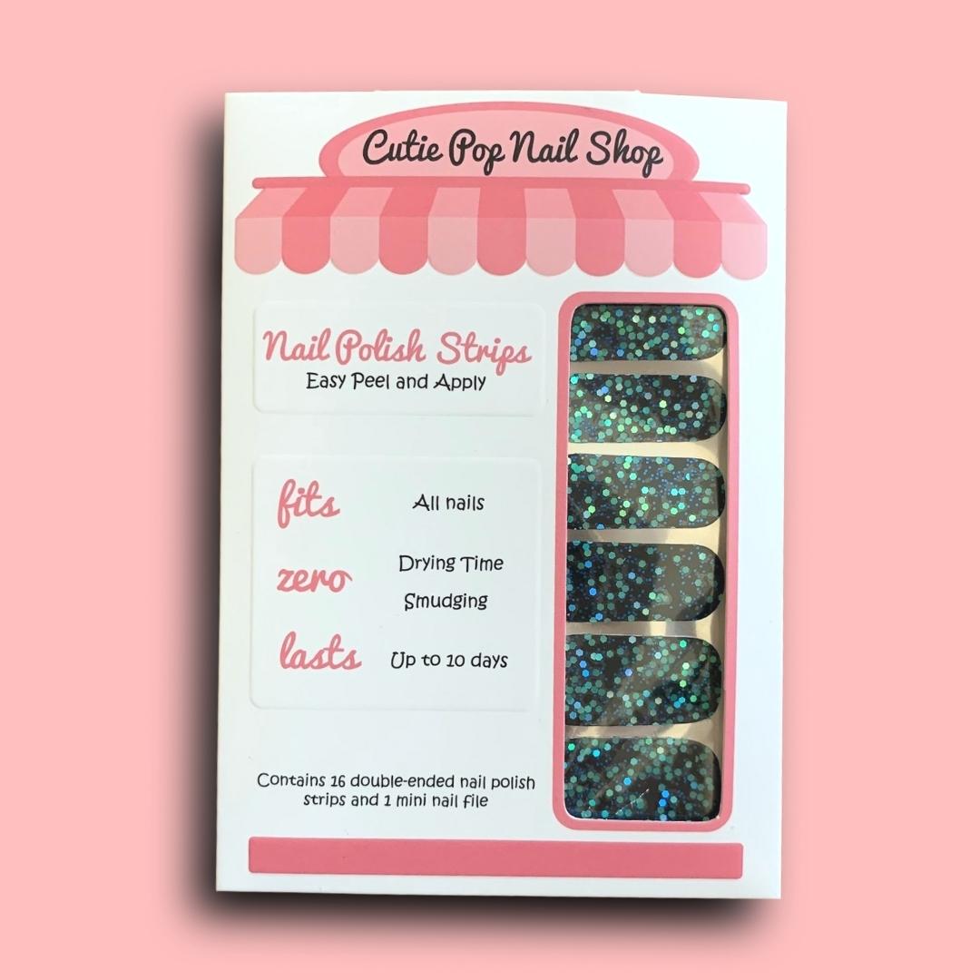 Teal and Turquoise Glitter over Black Base Nail Polish Wraps - Cutie Pop Nail Shop