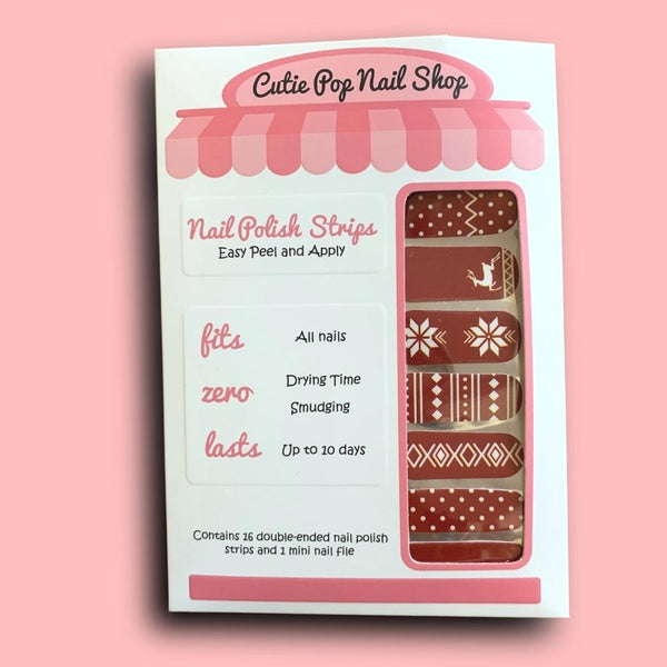 White Reindeer and Christmas Patterns over Red Base Nail Polish Wraps - Cutie Pop Nail Shop