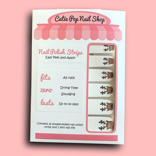 Rudolph with Glittery Nose over a White Base Nail Polish Wraps - Cutie Pop Nail Shop