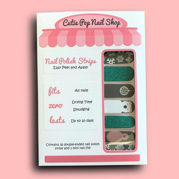 Snow Animals in Green Glittery Nail Polish Wraps - Cutie Pop Nail Shop